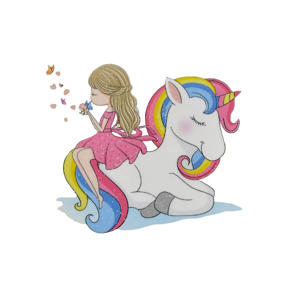 Термоаппликация Единорожек и девочка, 7*5,8см, розовый, желтый, голубой, белый,  шт. Термопереводки Детские