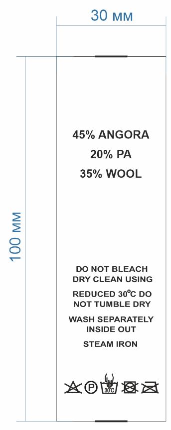 Процентовка 45%angora+20%PA+35%wool, 3*10см, белая, черный лого, японская бумага, риббон, 100м. Тесьма, этикетка штучная