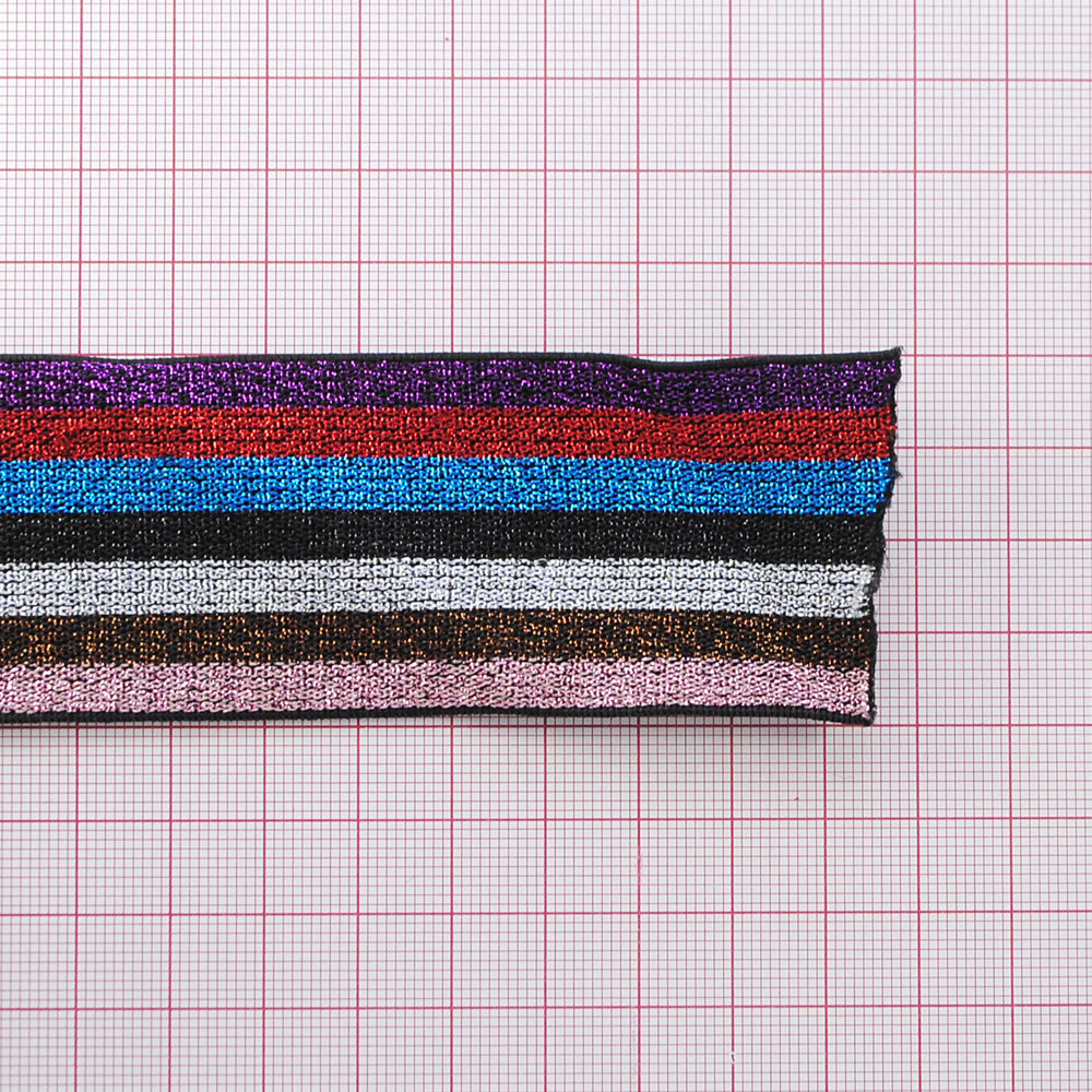 Резинка люрекс Полосы 4см, фиолетовый, красный, голубой, черный, белый, коричневый, серебряный люрекс, 50ярд. Резинка