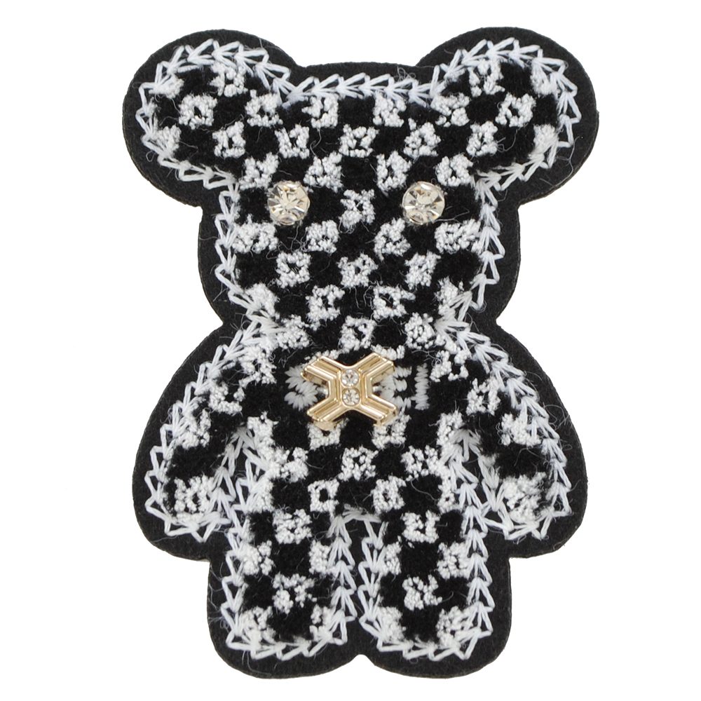 Нашивка махровая пришив. Мишка, 6,6*4,9см,  клетка ч/б., стразы,  шт. Нашивка Махровая
