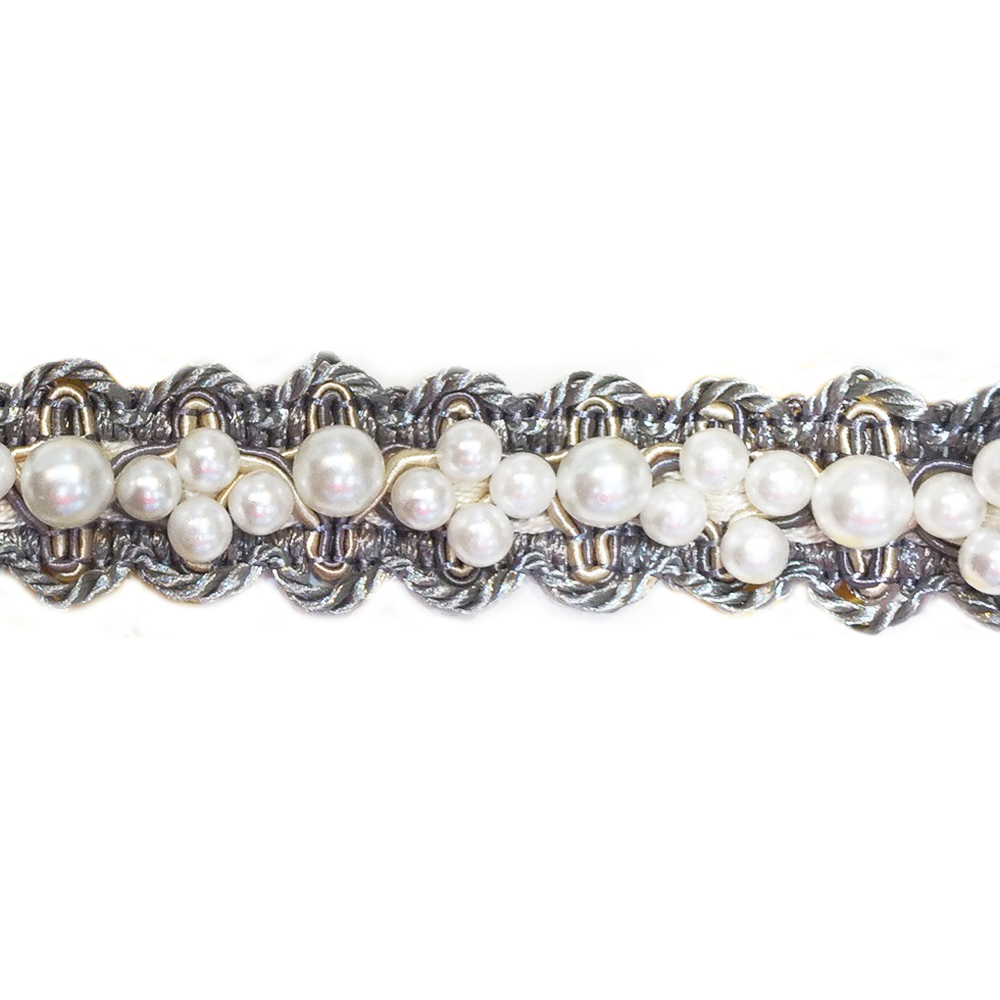 Тесьма ткань пришивная 2,2см Косичка с жемчугом серый и золото, ярд. Тесьма