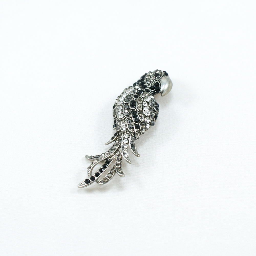 Брошь Попугай old silver, черный, белые камни, шт. Броши