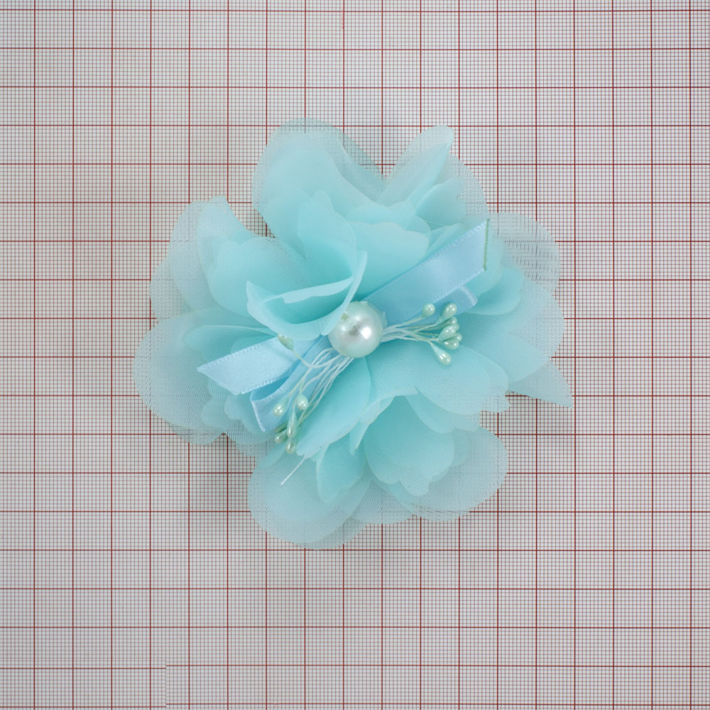 Аппликация декор Голубой цветок 10см, голубой, белый и светло-зеленый жемчуг. Аппликации Пришивные Обувные