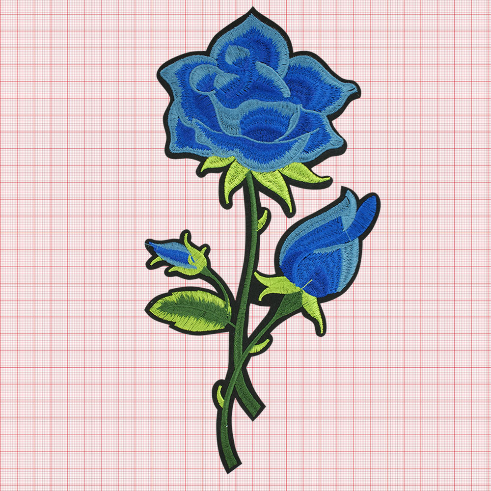 Аппликация клеевая вышитая Роза с бутоном 28*13см черный, голубой, синий, зеленый, желтый. Аппликации клеевые Вышивка