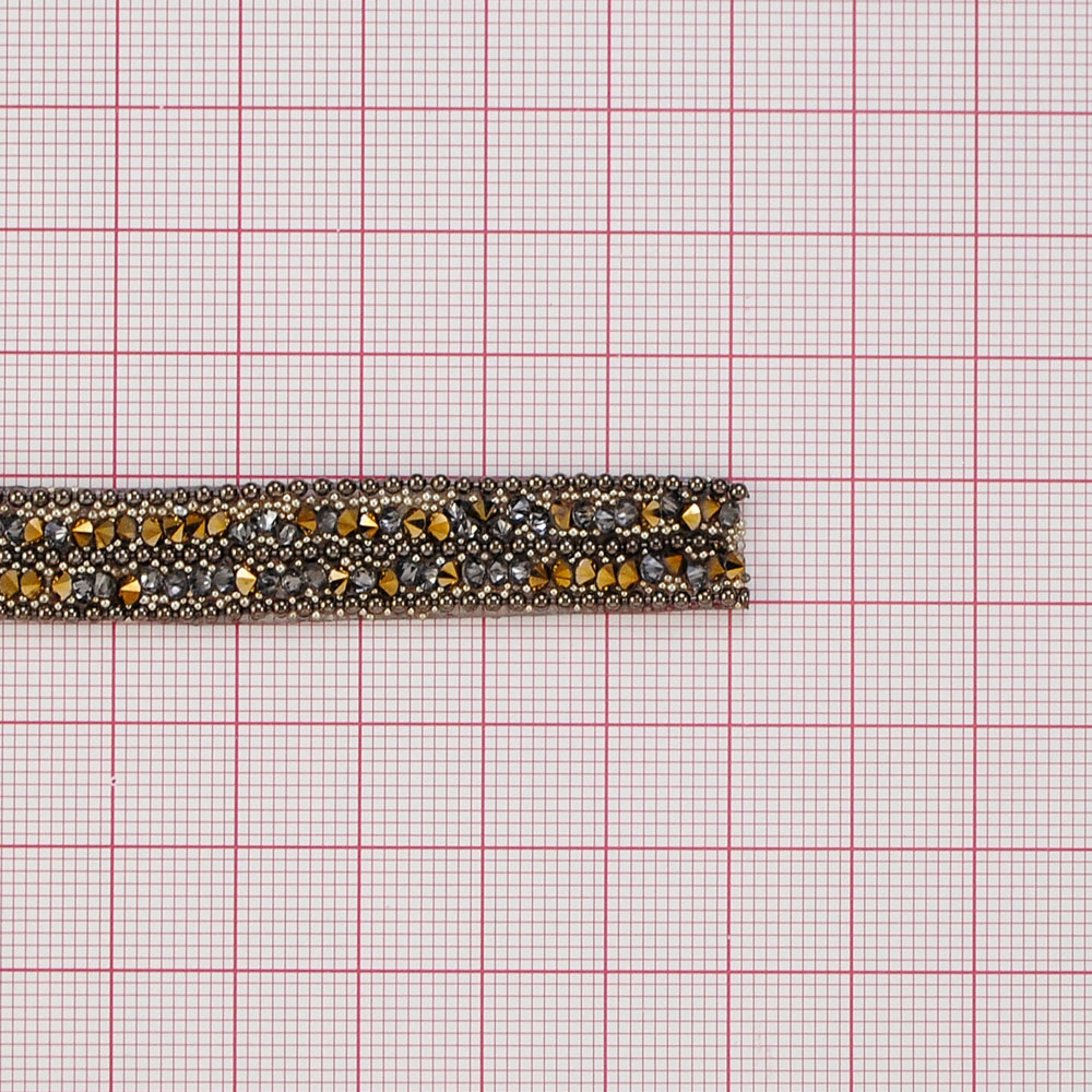 Тесьма стразы клеевые 10мм цепь black nikel, графит-золото камни, ярд. Тесьма из страз