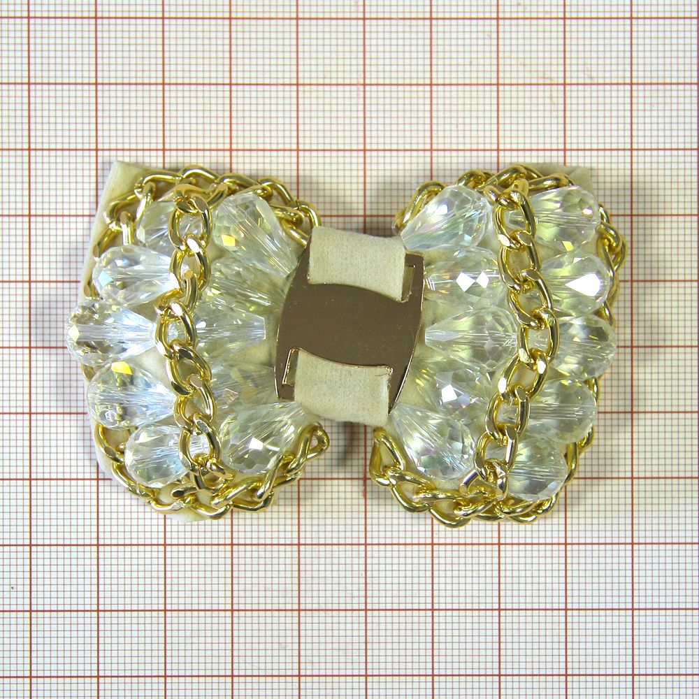 Аппликация декор обувная 52 БАНТ бежевый, прозрачн. бусины, цепь gold, шт. Аппликации Пришивные Цветы Банты