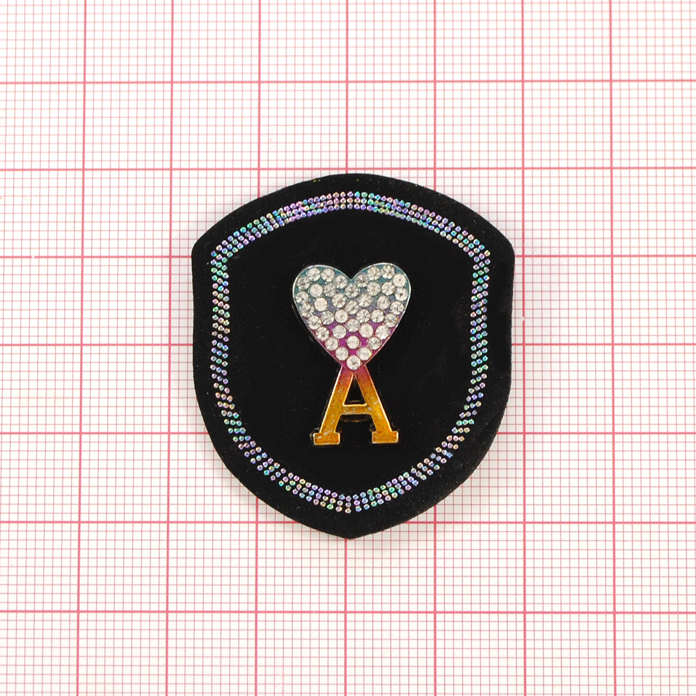 Шеврон приш. Буква "А", 3.5*4см, черный, золото, стразы, шт. Нашивка Ткань