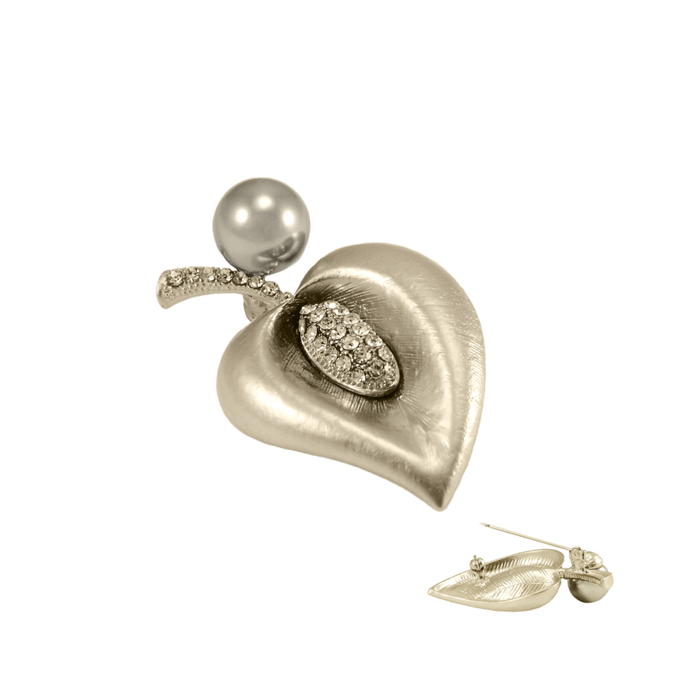 Брошь Листик Каллы 30*50мм, mat NIKEL, белые камни, серый жемчуг, шт. Броши