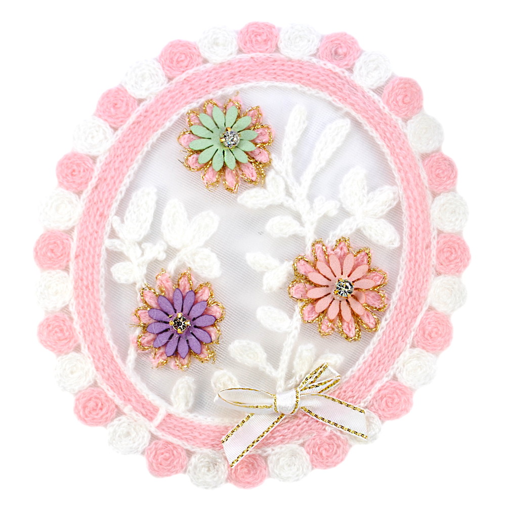 Аппликация круж. приш. со стразами Маргаритки 15*17см, белый, св.-роз., золот.,  шт. Аппликации Пришивные Кружевные Вязаные