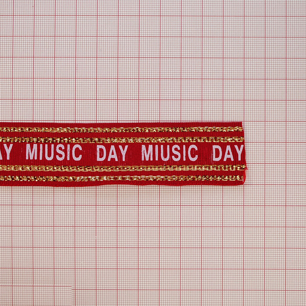 Тесьма тканевая пришивная MIUSIC DAY 3см, красный, белый, золотой люрекс, 50ярд. Тесьма