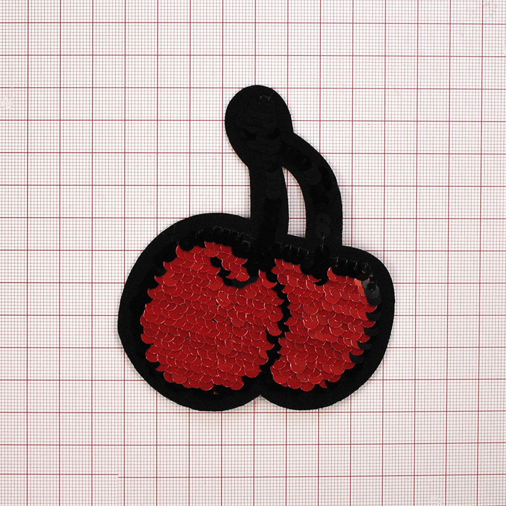 Аппликация клеевая пайетки двусторонняя Вишенки 8,5*10см черные и красные пайетки, шт. Аппликации клеевые Пайетки