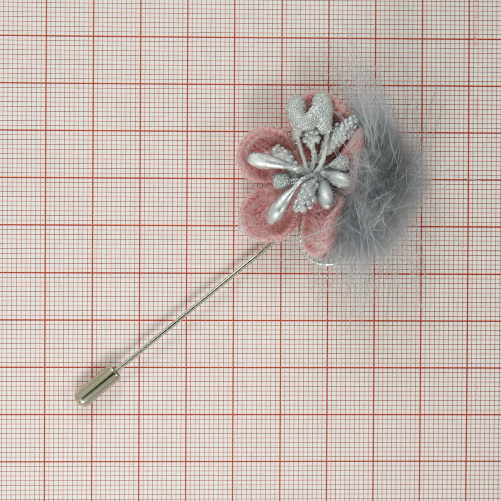 Булавка Меховичок Цветочек NIKEL, серый мех, розовый цветок, серые камни, шт . Булавки