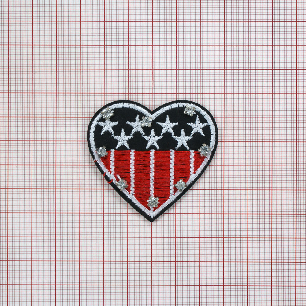 Нашивка тканевая №187 сердце USA, камни в металле nikel. Нашивка Вышивка, Ткань