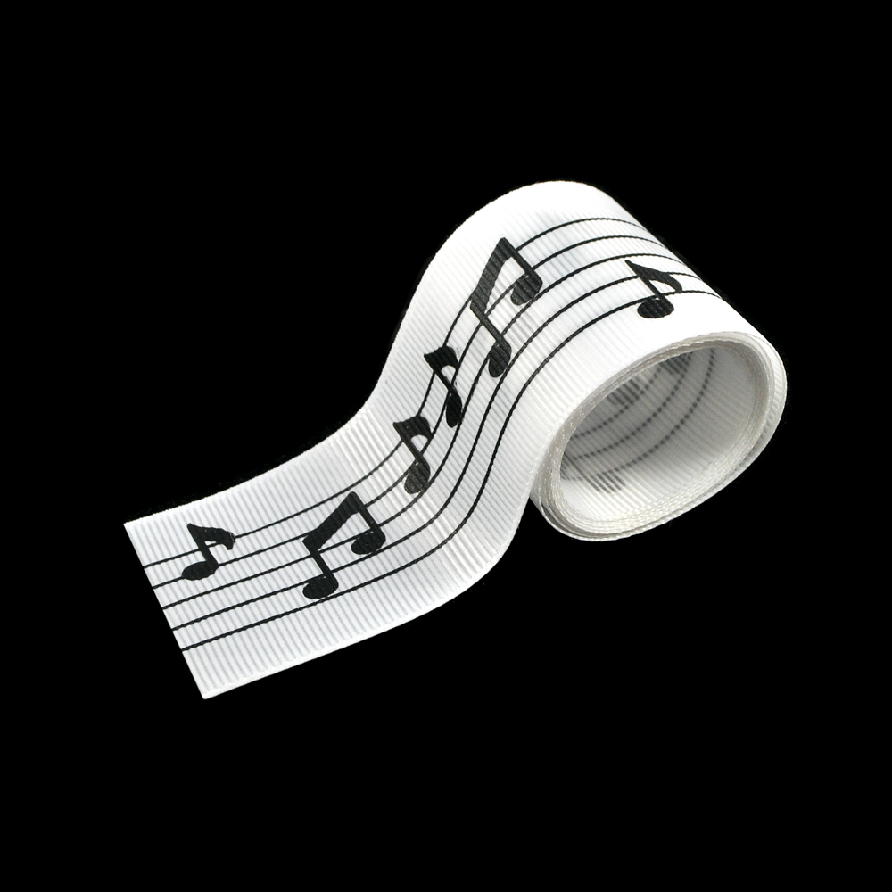 Тесьма репсовая, лого накатка, Ноты, 40мм, черный, фон белый, ярд. Тесьма