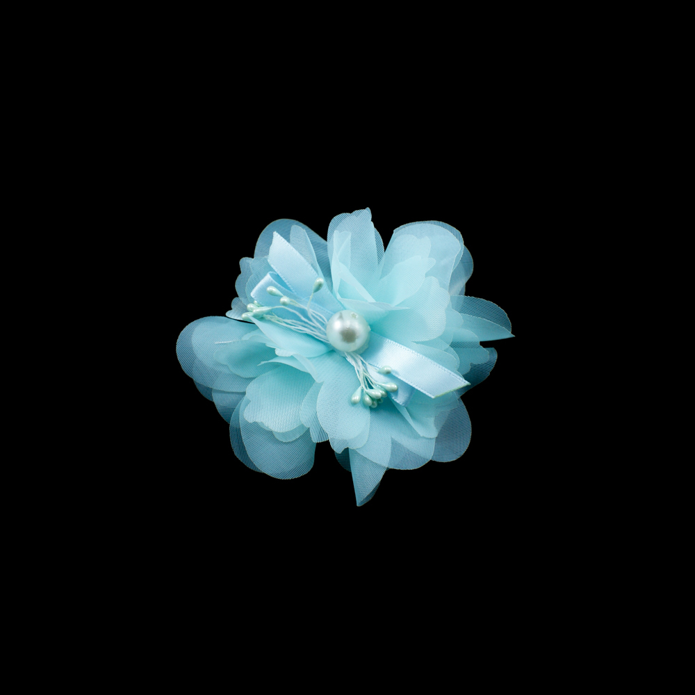 Аппликация декор Голубой цветок 10см, голубой, белый и светло-зеленый жемчуг. Аппликации Пришивные Обувные