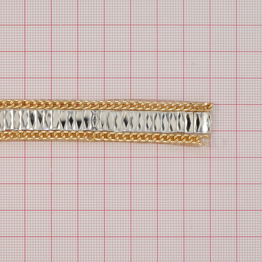 Тесьма стразы клеевые Ch03, белые камни 3*8мм, цепи GOLD, ярд. Тесьма из страз