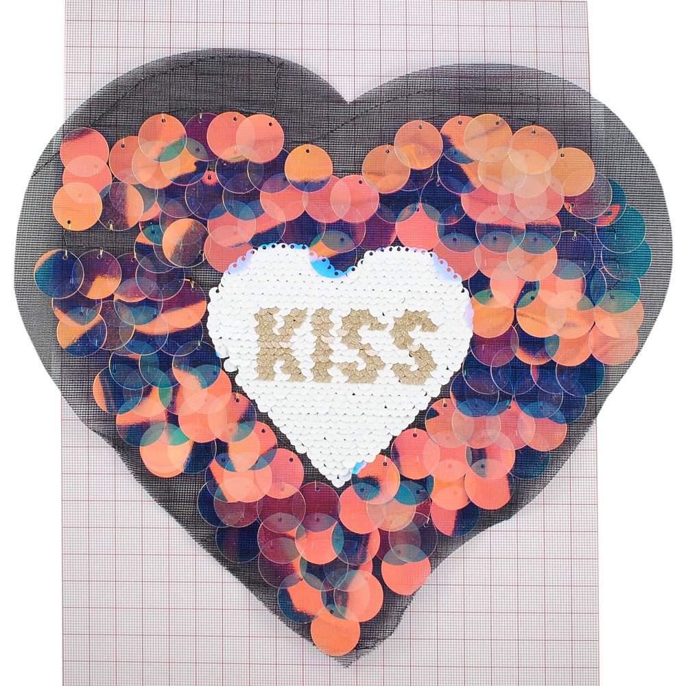 Аппликация пришивная пайетки Сердце KISS,  22*20см, каралловый, белый, золото, шт. Аппликации Пришивные Пайетки