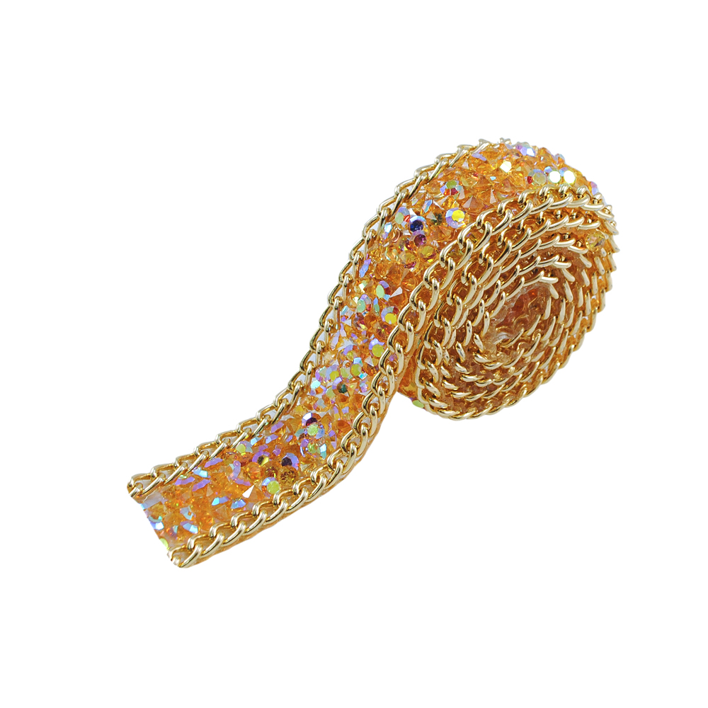 Тесьма стразы клеевые Угольки 18мм цепь GOLD, оранжевый хамелеон, ярд. Тесьма из страз