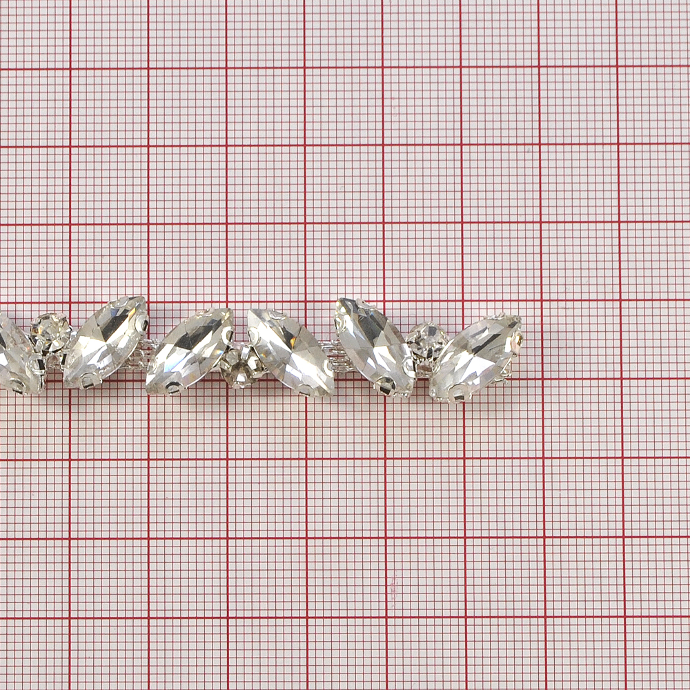 Тесьма стразы, овальные камни, 1см, никель, белый, ярд. Тесьма из страз