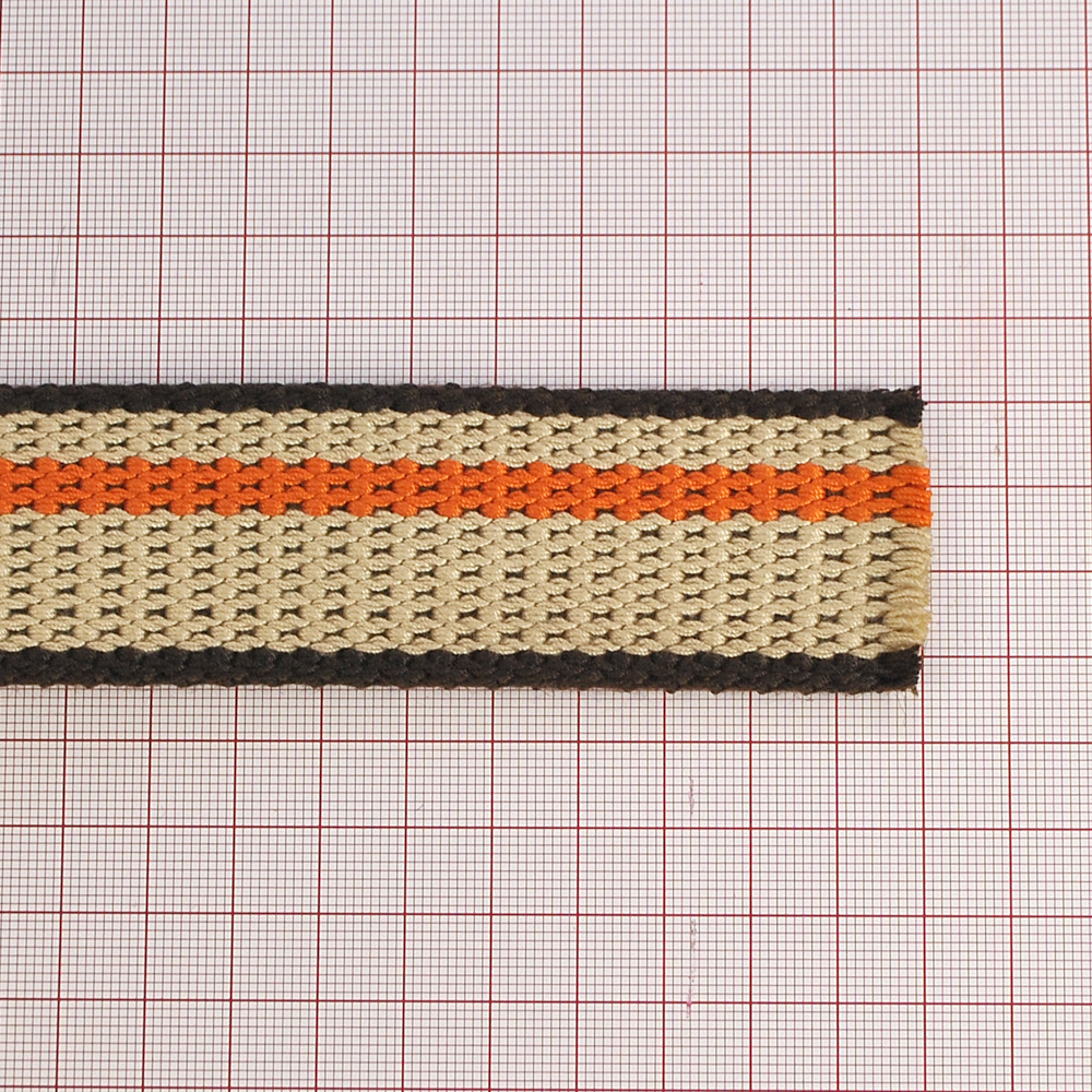 Тесьма ременная 3,5см песочная, оранжевая полоса, м. Тесьма Сумочная, Ременная