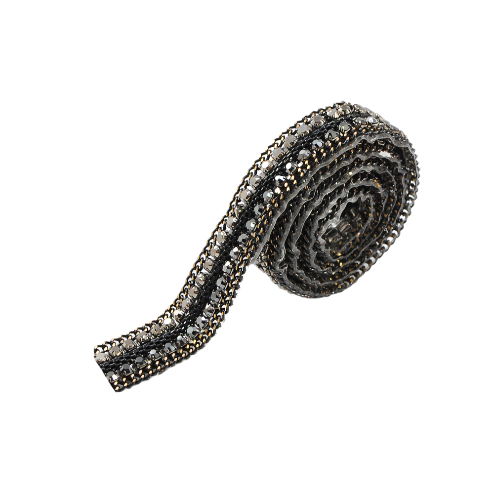Тесьма стразы клеевые H14-1,1см черная, NIKEL, зеркальные камни, ярд. Тесьма из страз