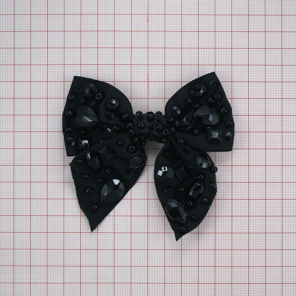 Аппликация декор черный бант 9*10см, бисер, камни. Аппликация Декор