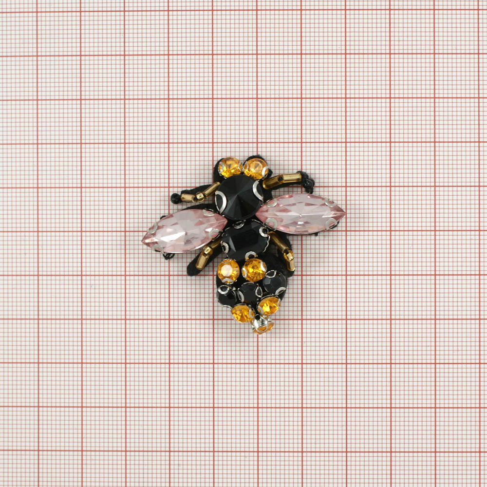Аппликация пришивная стразы Муха и стразы 43*43 мм черные, оранжевые, светло-розовые камни в металле, шт. Аппликации Пришивные Стразы, Бисер, Металл