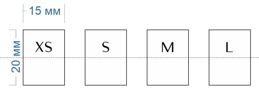 Размерник XS, S, M, L, 1,5*2см, прозрачный, лого черный, силикон, риббон, лазер, шт. Тесьма, этикетка штучная