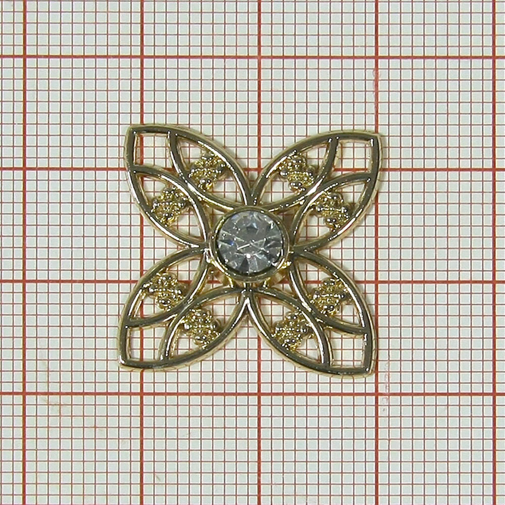 Декор металл пришивной Цветок-бабочка 22мм GOLD, белый камень. Декор Металл Пришивной