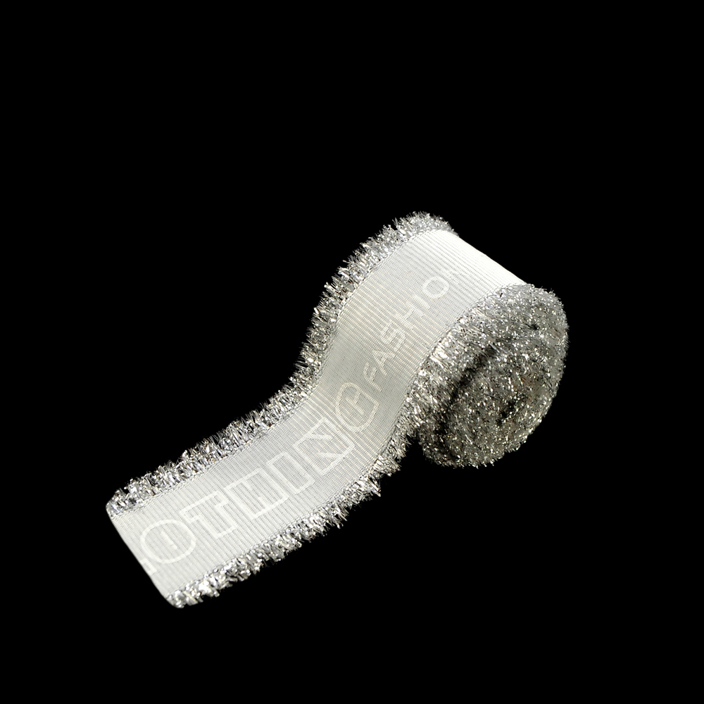 Тесьма тканевая пришивная 2,5см, серый, белый, серебряный люрекс, 100ярд. Тесьма