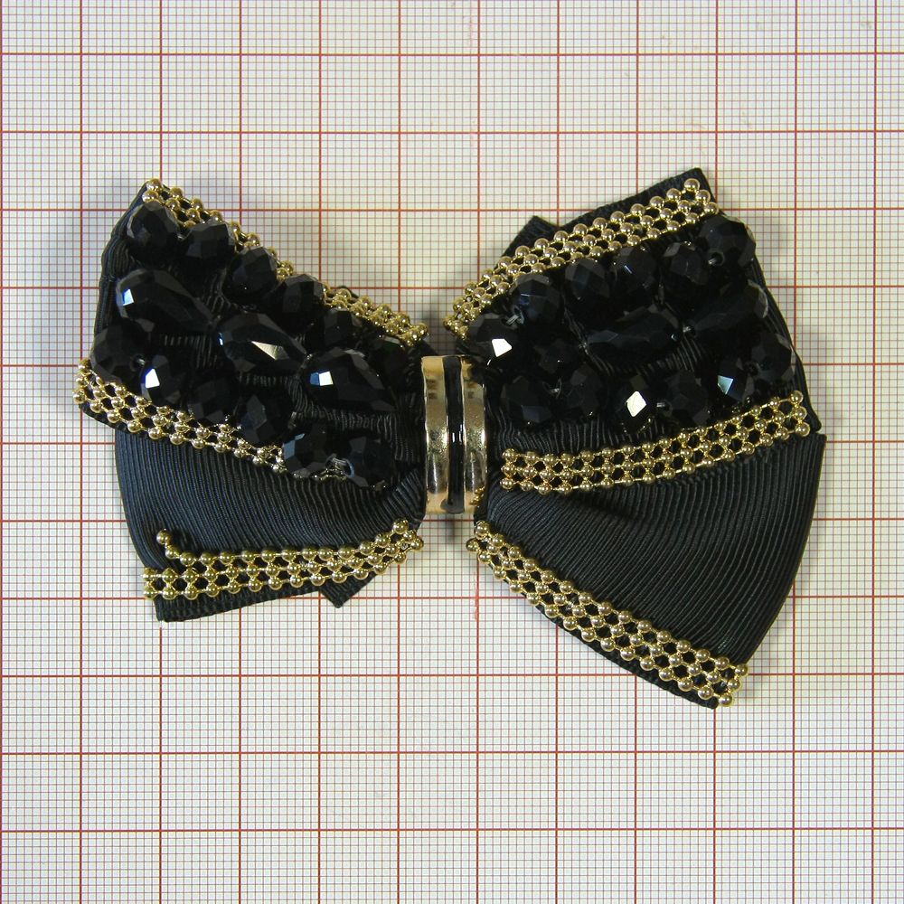 Аппликация декор обувная 48 БАНТ черный, черн. бусины, перетяжка-полукольцо gold, шт. Аппликации Пришивные Цветы Банты