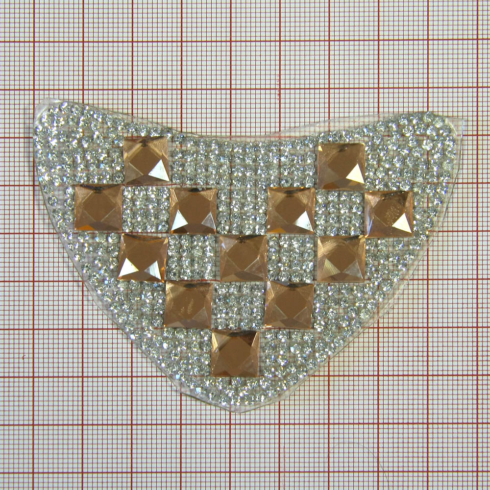 Аппликация клеевая стразы Воротник-шахматка 9,5*6,5см коричневые квадратные камни 10мм, белые мелкая россыпь, шт. Аппликации клеевые Стразы комб.