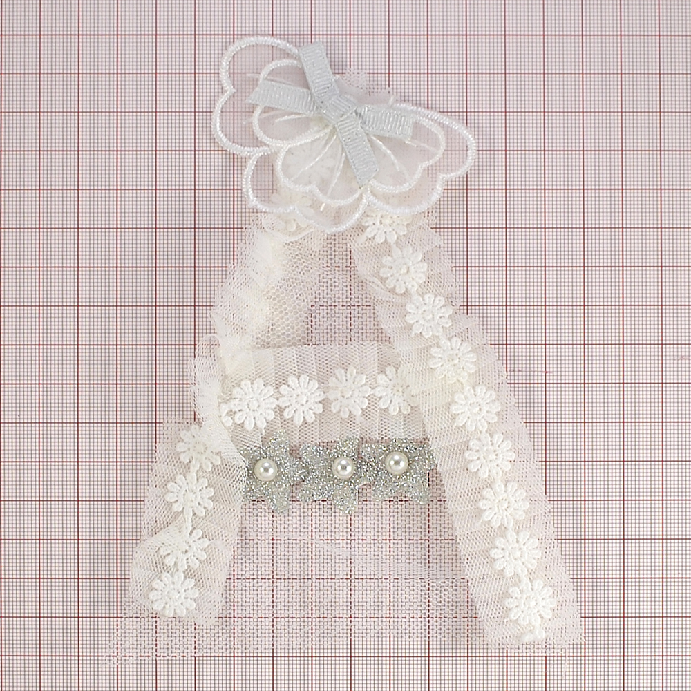 Аппликация кружевная пришивная А 15*13см, белая, звездочки, белый жемчуг. Аппликации Пришивные Кружевные Вязаные