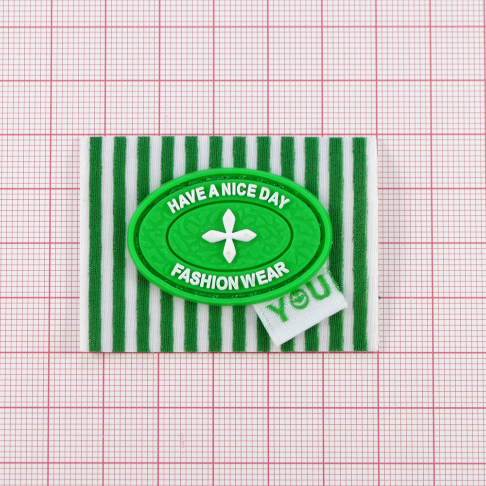 Лейба тк., рез овал вставка, have a nice day, 4*5,5см, бел., зел.,полоска, шт. Лейба Ткань