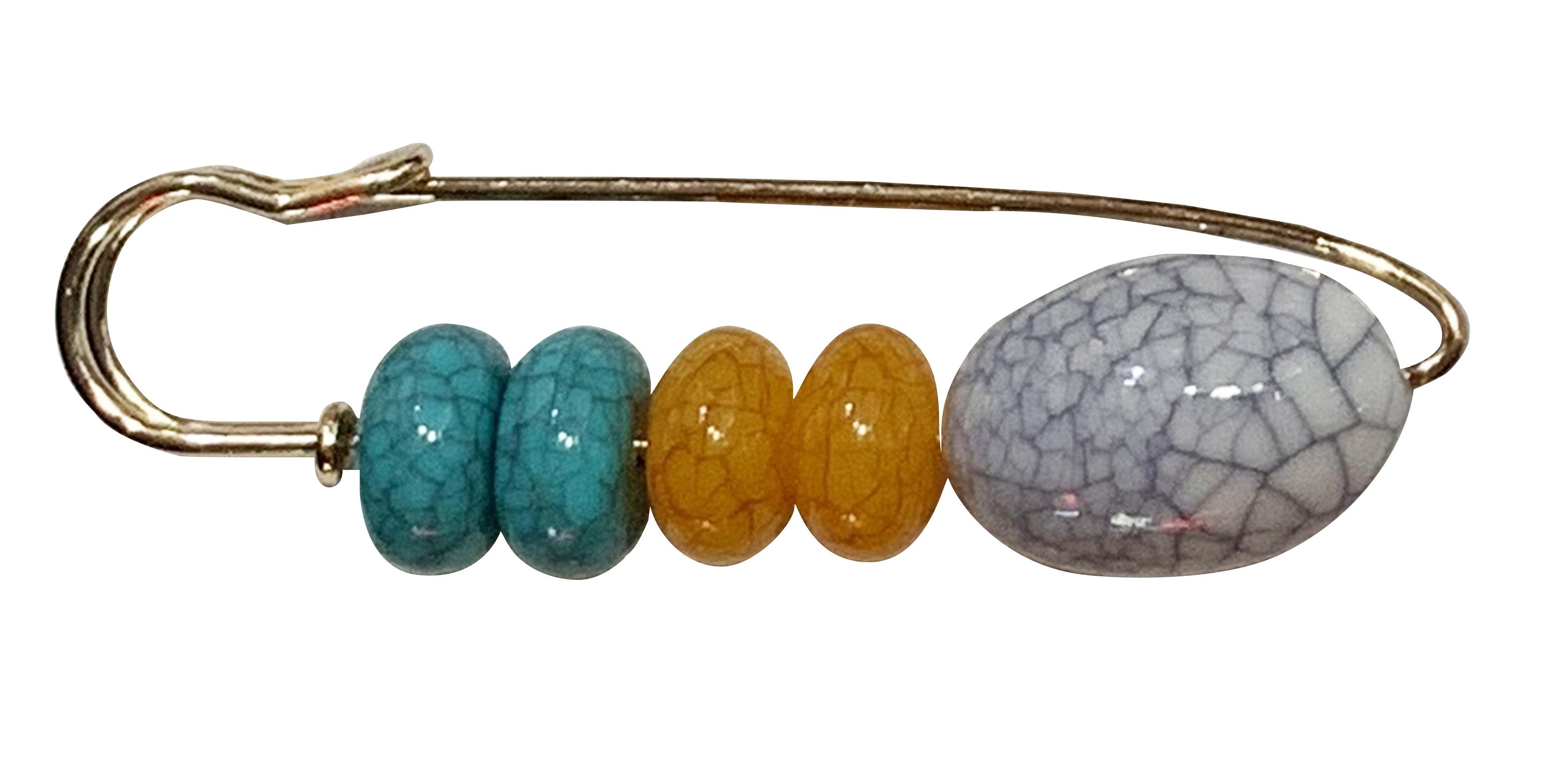 Булавка 5 бусин 8,5см золото, бусины бирюз., оранж., белая с серым, шт. Булавки