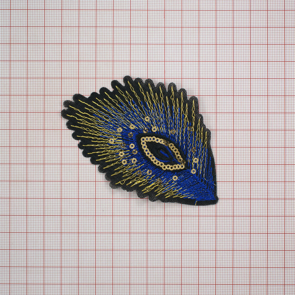 Аппликация клеевая пайетки Павлин 10,5*7см синие, черные, золотистые нити, золотистые пайетки. Аппликации клеевые Пайетки