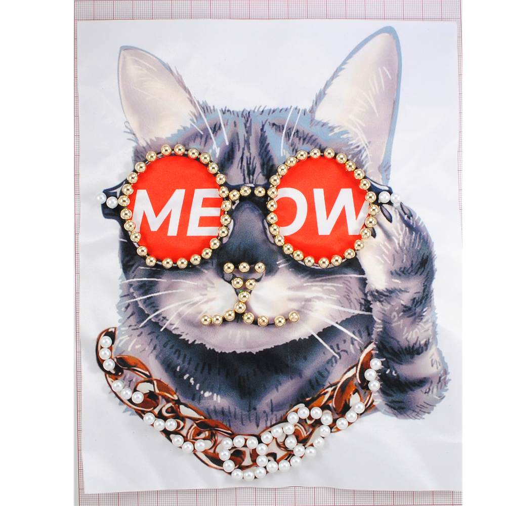 Аппликация пришивная бисер, Кот в очках MEOW, 19*23,5см, черный, белый, серый, красный, коричневый, шт. Аппликации Пришивные Стразы, Бисер, Металл