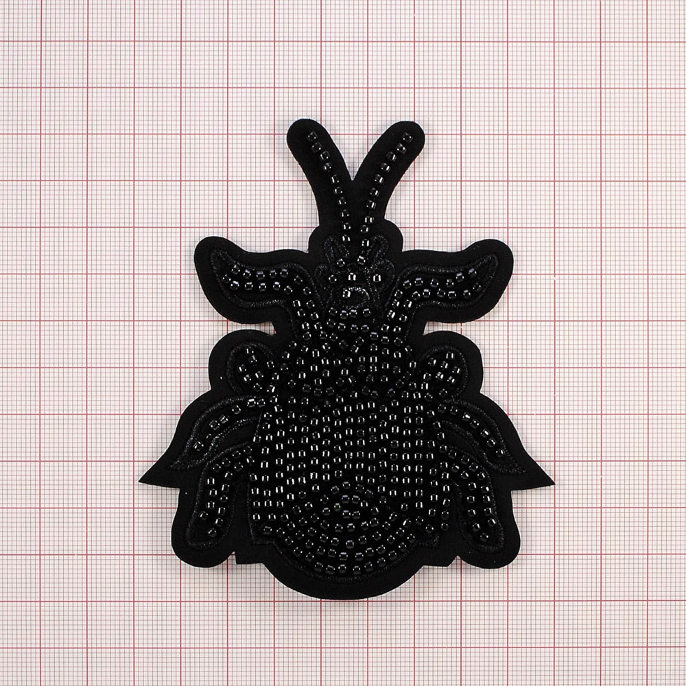 Нашивка тканевая бисер пришивная Паук 9*10,2см черная вышивка, черный бисер, шт. Нашивка Стразы, Бисер