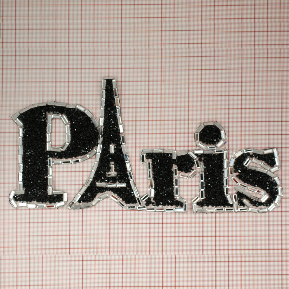 Аппликация клеевая стразы Paris башня А 20,5*10см черные камни, белые прямоугольные камни кант, фигурная . Аппликации клеевые Стразы комб.