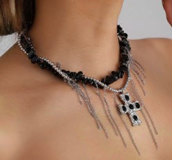 Ожерелье Крест, 41*8см, серебро, черный, бусины, камни, шт. Украшения