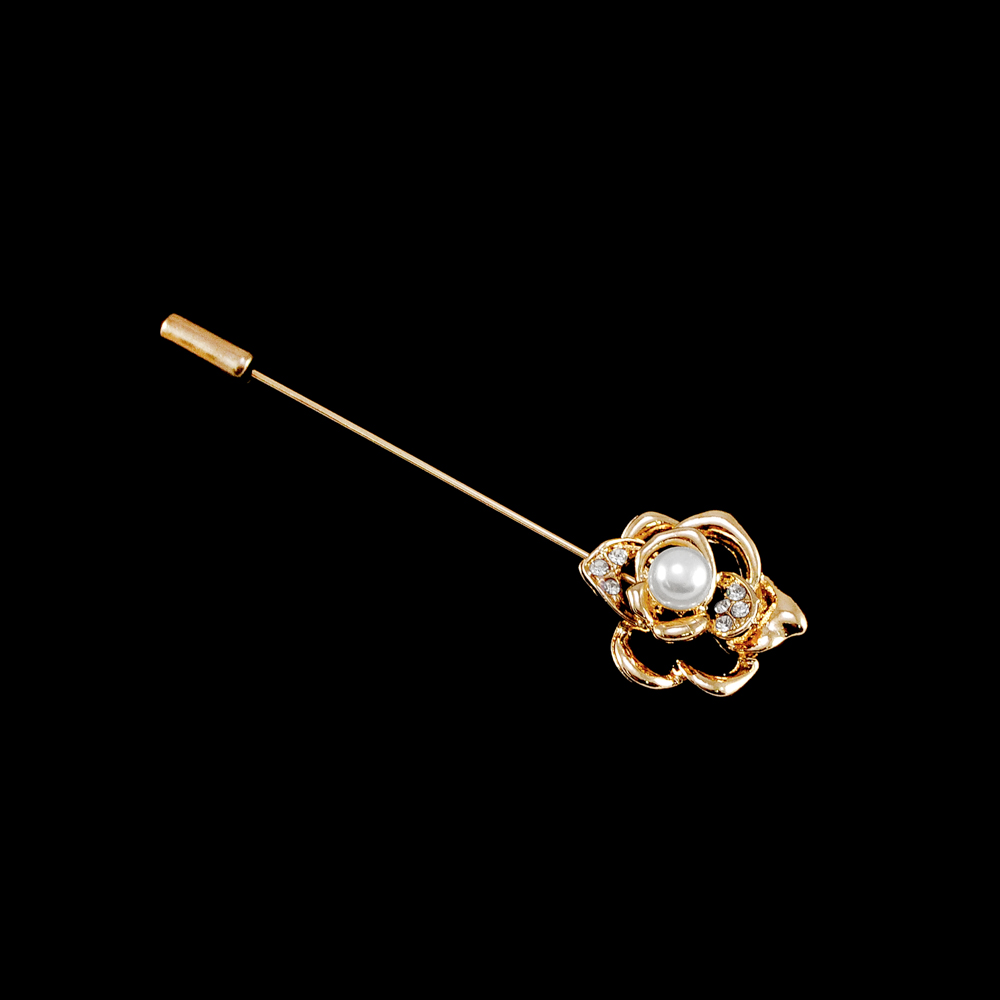 Булавка Роза GOLD, белый жемчуг, белые камни, шт . Булавки
