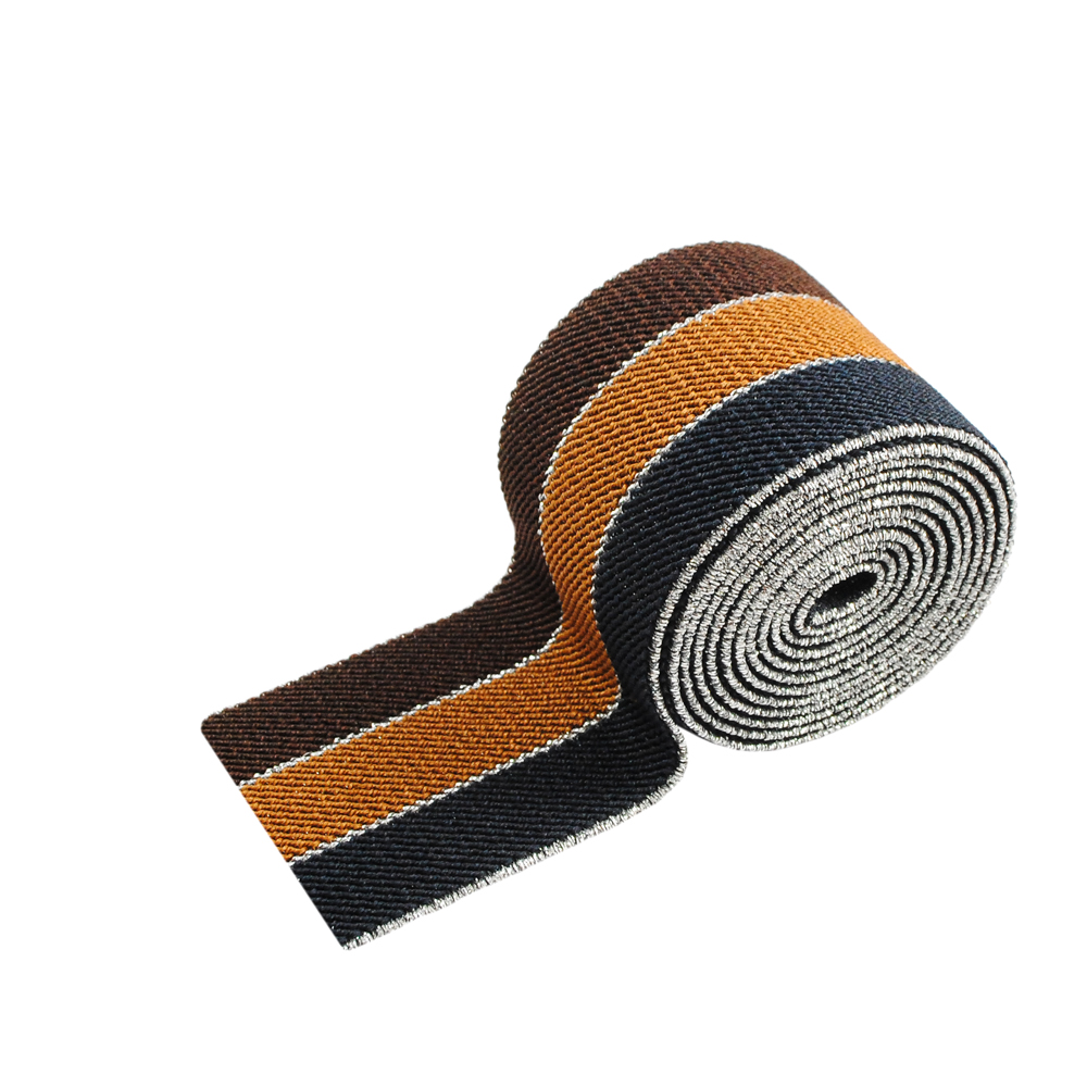 Резинка Полосы 5см, темно-коричневая, светло-коричневая, темно-синяя и серебряная нить, 50ярд. Резинка