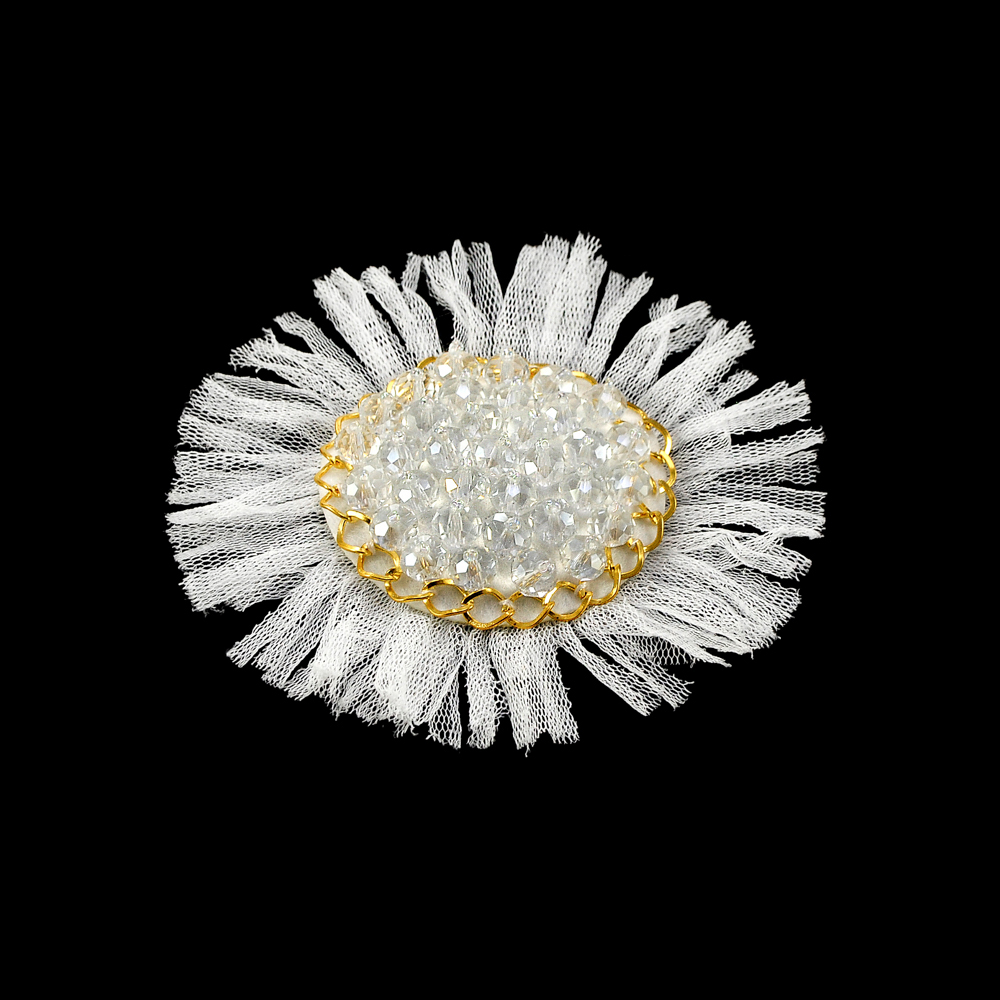 Аппликация декор белый круг флиз. на сетке, цепь, прозрачн. бусины. Аппликация Декор