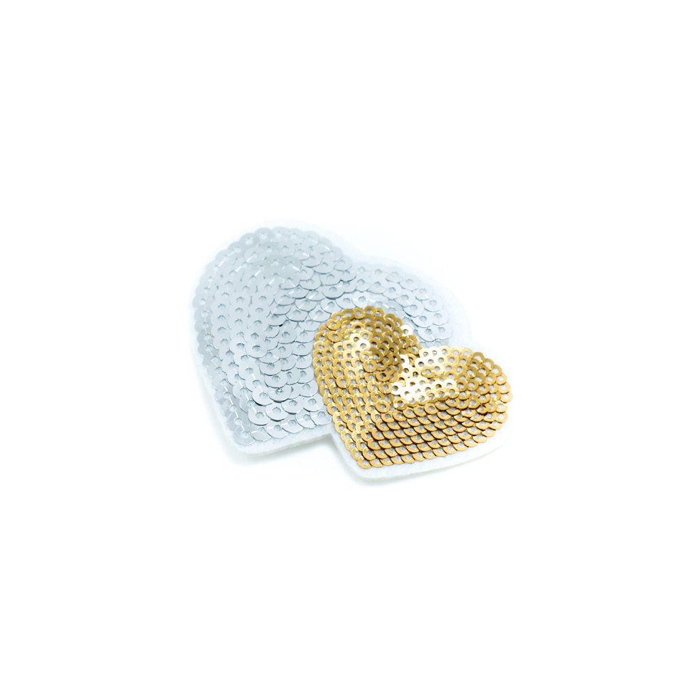 Аппликация клеевая пайетки Два сердца 7,5*6см золото, серебро пайетки. Аппликации клеевые Пайетки