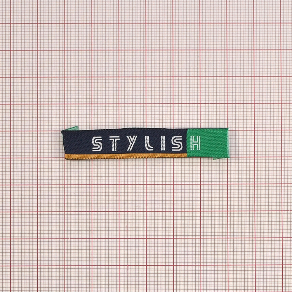 Этикетка тканевая вышитая STYLISH, 1,2см, сине-бирюзовая, белый лого, шт. Вышивка / этикетка тканевая