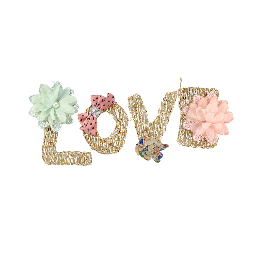 Аппликация вязаная пришивная LOVE буквы Две Астры 21*9см бело-золотая, светло-салатовый, светло розовый, розовый бант в синий горошек, шт. Аппликации Пришивные Кружевные Вязаные