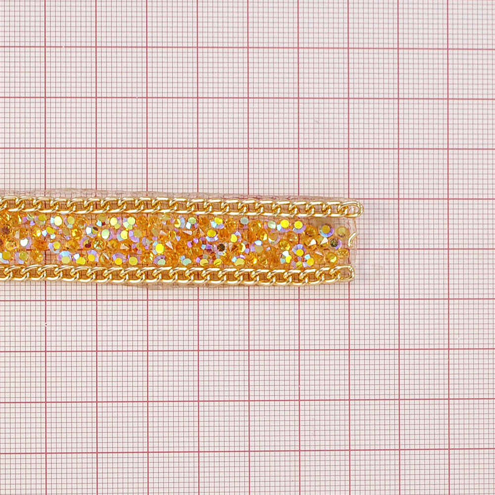 Тесьма стразы клеевые Угольки 18мм цепь GOLD, оранжевый хамелеон, ярд. Тесьма из страз
