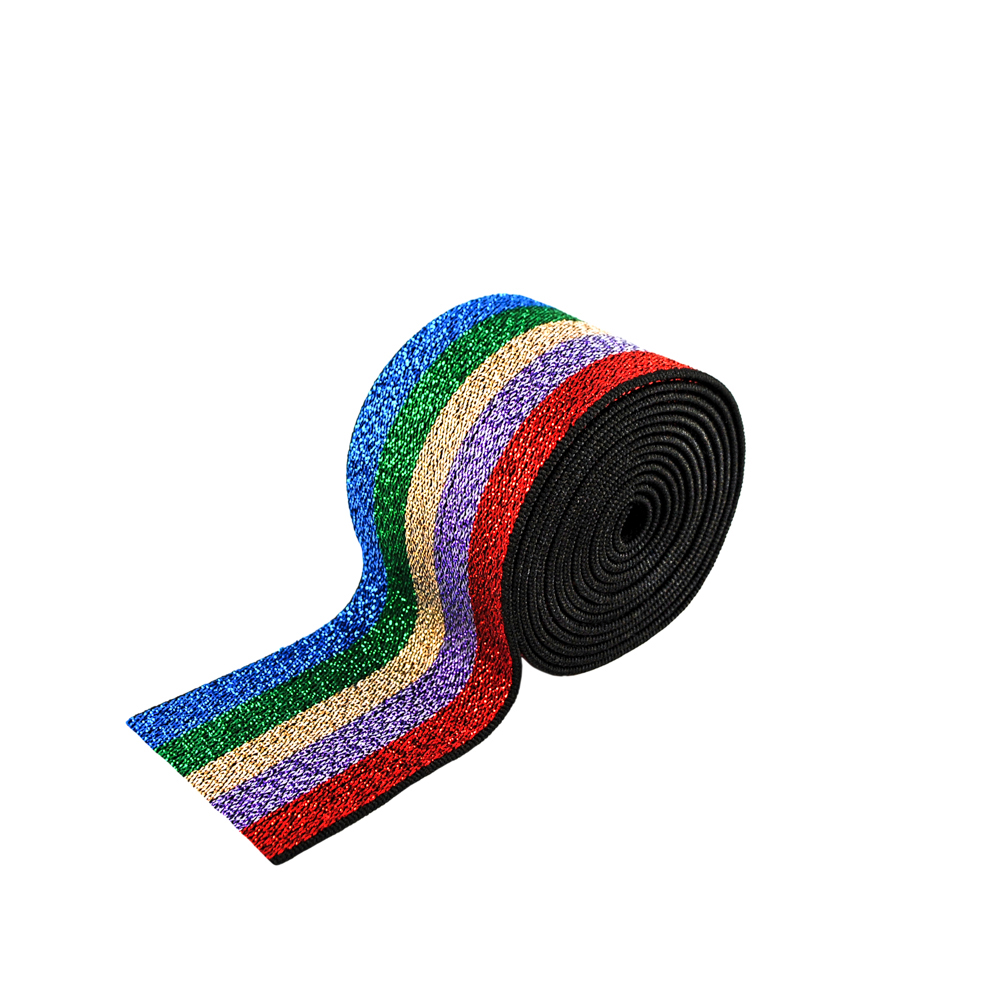 Резинка люрекс Полосы 4см, синий, зеленый, бежевый, сиреневый и красный люрекс, 50ярд. Резинка