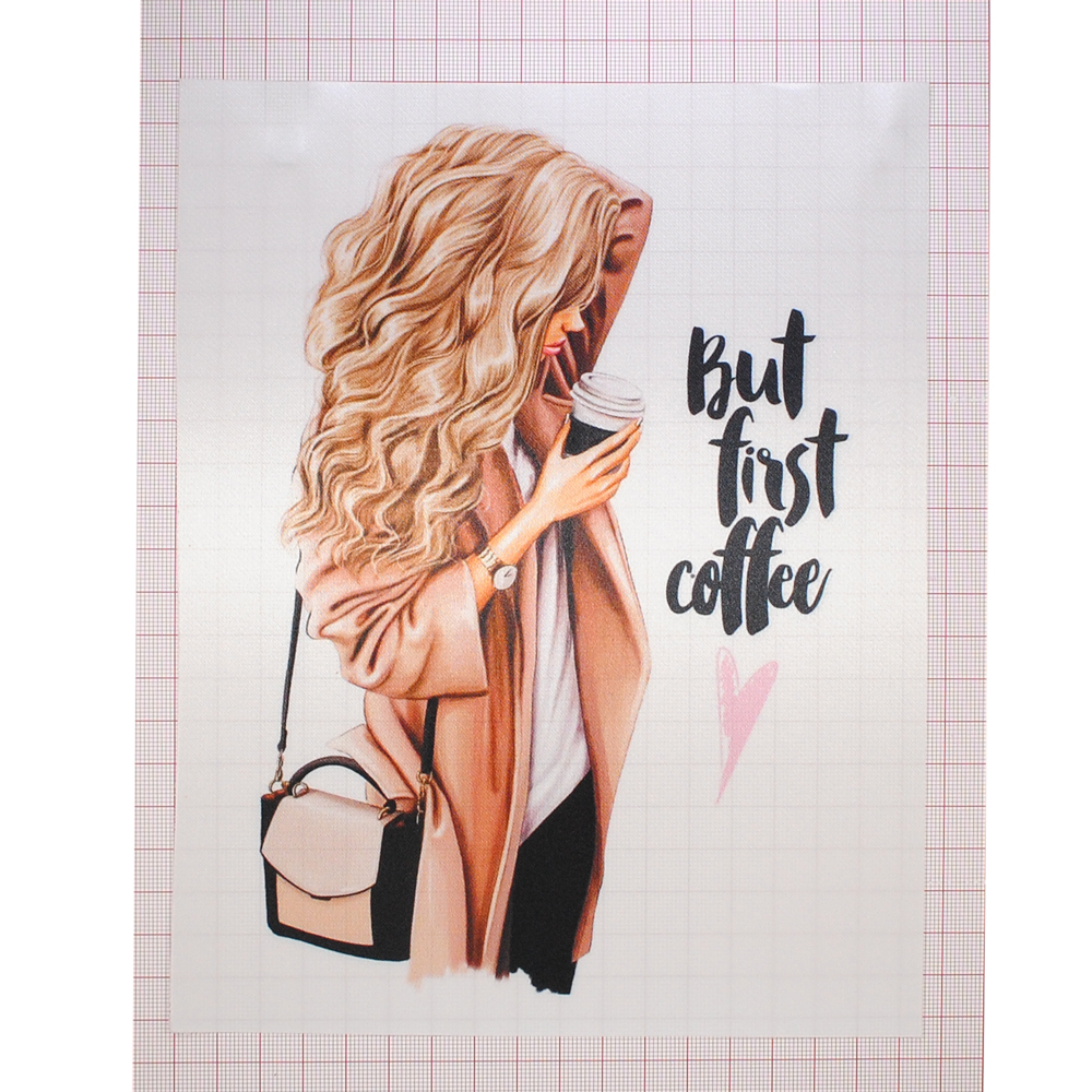Нашивка, Девушка с кофе But first coffee, 18*23см, алтас, сублимация, лазер, шт. Нашивка