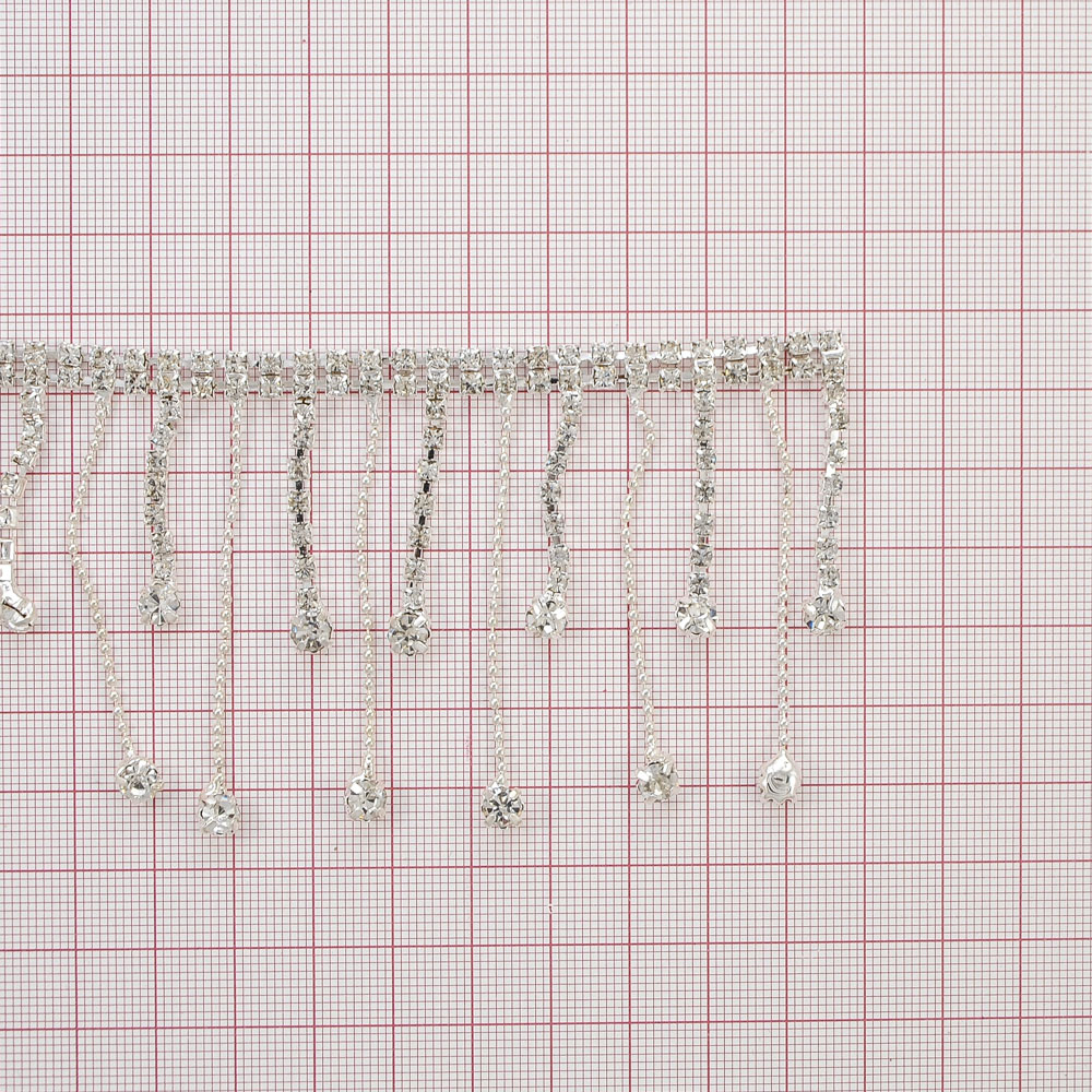 Тесьма стразы с подвесками SS12, SS20 из стекла, никель, белые камни, ярд. Тесьма из страз